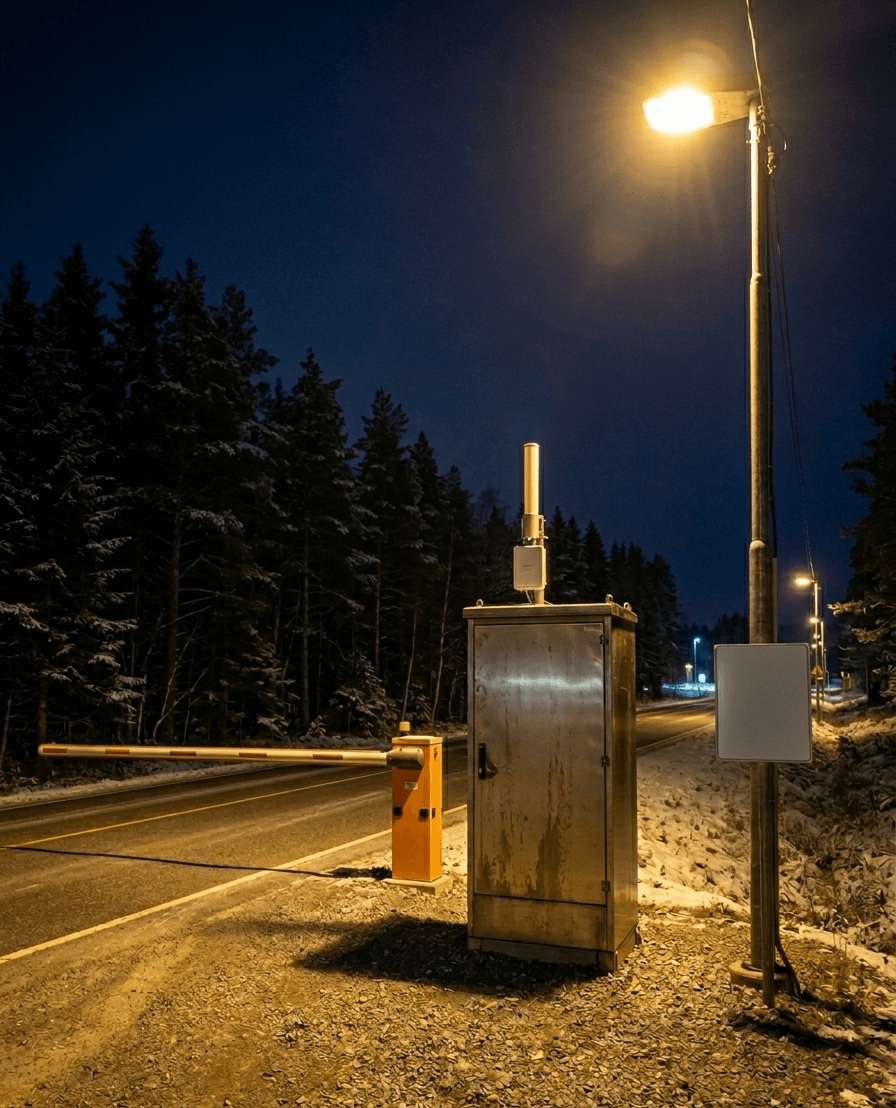 Kontrollskap med LTE-antenne i norsk vinterlandskap